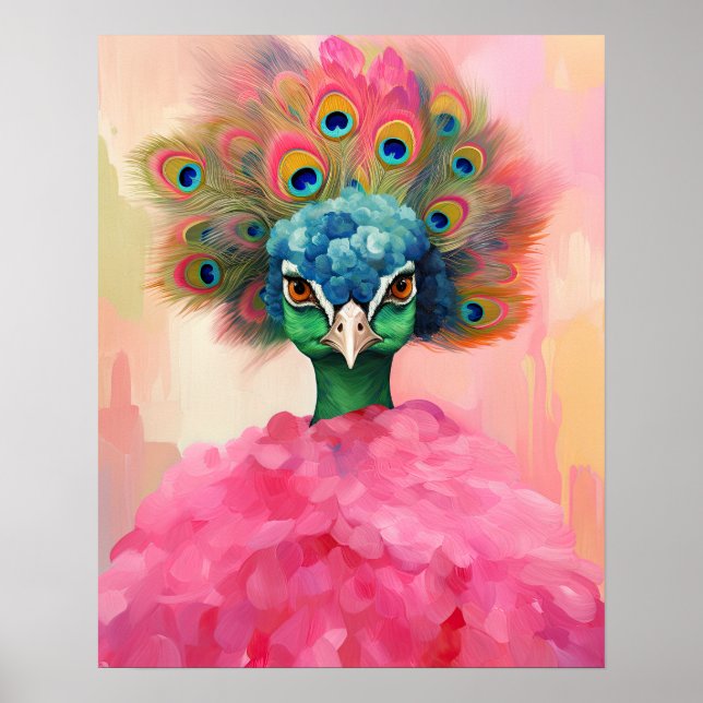 Elegant Peacock i Rosa Päls Animal Mode Art Poster (Framsidan)