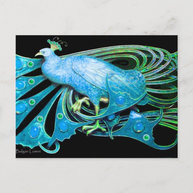 ELEGANT PEACOCK IN BLUE BLACK TEAL VYKORT (Framsida)