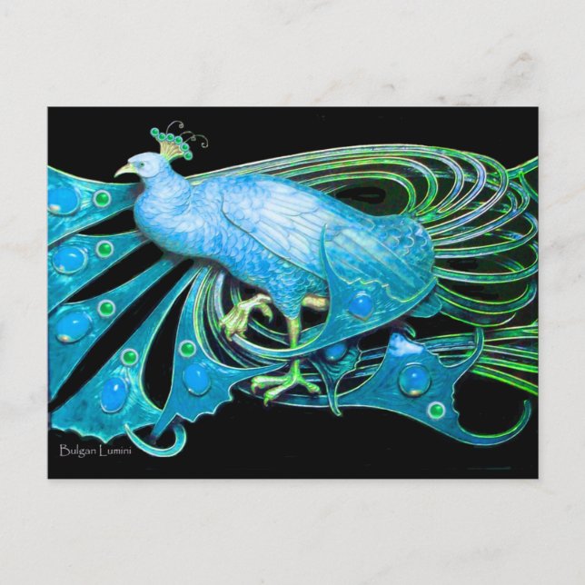 ELEGANT PEACOCK IN BLUE BLACK TEAL VYKORT (Framsida)