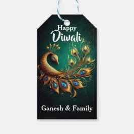 Elegant Peacock in Grönt Background Diwali Presentetikett
