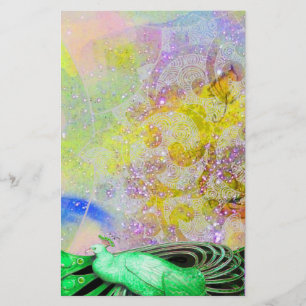 ELEGANT PEACOCK IN GRÖNT SPARKLING GULT LILA BREVPAPPER