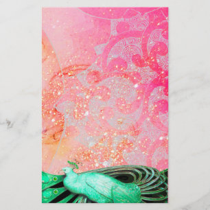 ELEGANT PEACOCK IN GRÖNT SPARKLING ROSA FUCHSIA BREVPAPPER