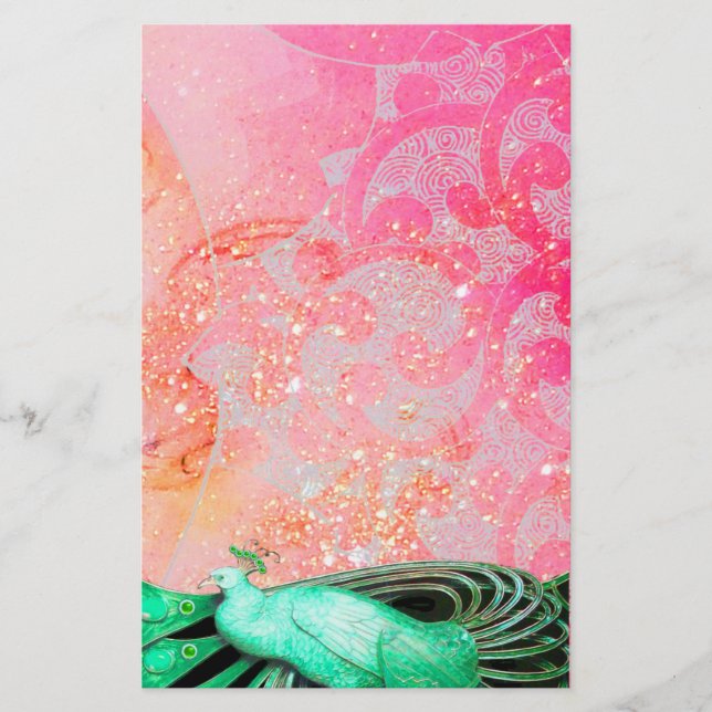 ELEGANT PEACOCK IN GRÖNT SPARKLING ROSA FUCHSIA BREVPAPPER (Framsida)