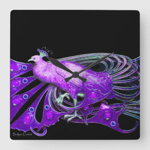 ELEGANT PEACOCK IN PURPLE AND BLACK FYRKANTIG KLOCKA
