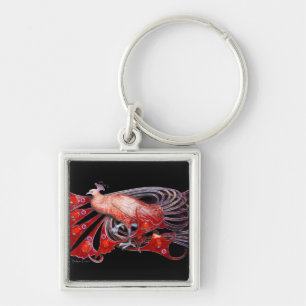 ELEGANT PEACOCK IN RED AND BLACK FYRKANTIG SILVERFÄRGAD NYCKELRING