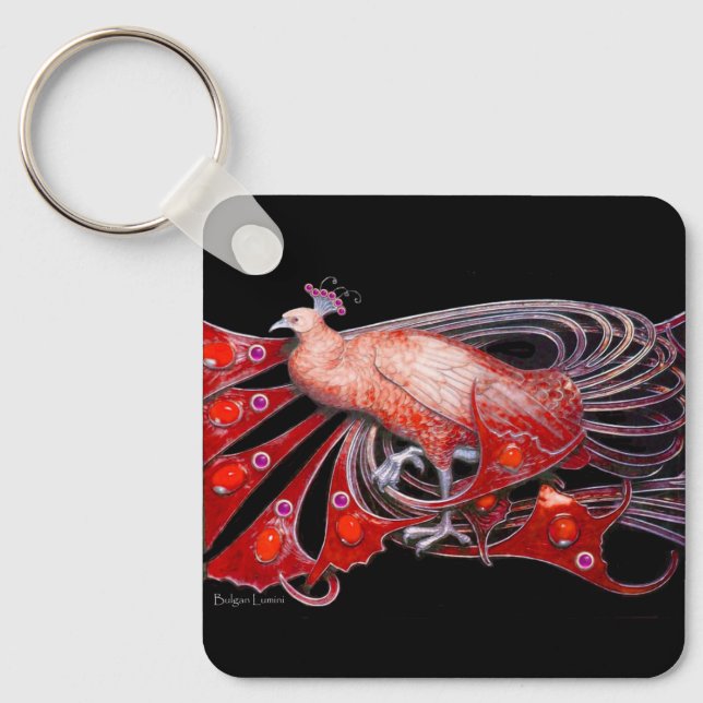 ELEGANT PEACOCK IN RED AND BLACK NYCKELRING (Framsida)
