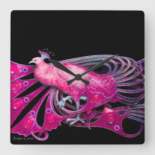 ELEGANT PEACOCK IN ROSA FUCHSIA AND BLACK FYRKANTIG KLOCKA