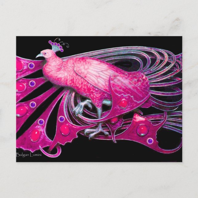 ELEGANT PEACOCK IN ROSA FUCHSIA BLACK VYKORT (Framsida)