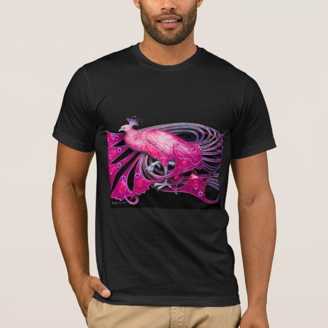 ELEGANT PEACOCK IN ROSA,FUCHSIA,SVART TEE (Framsida)