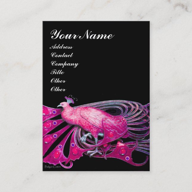 ELEGANT PEACOCK IN ROSA,FUCHSIA,SVART VISITKORT (Framsida)