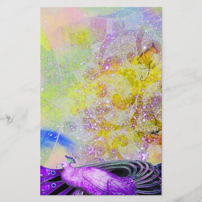 ELEGANT PEACOCK IN SPARKLING GULT LILA BREVPAPPER (Framsida)