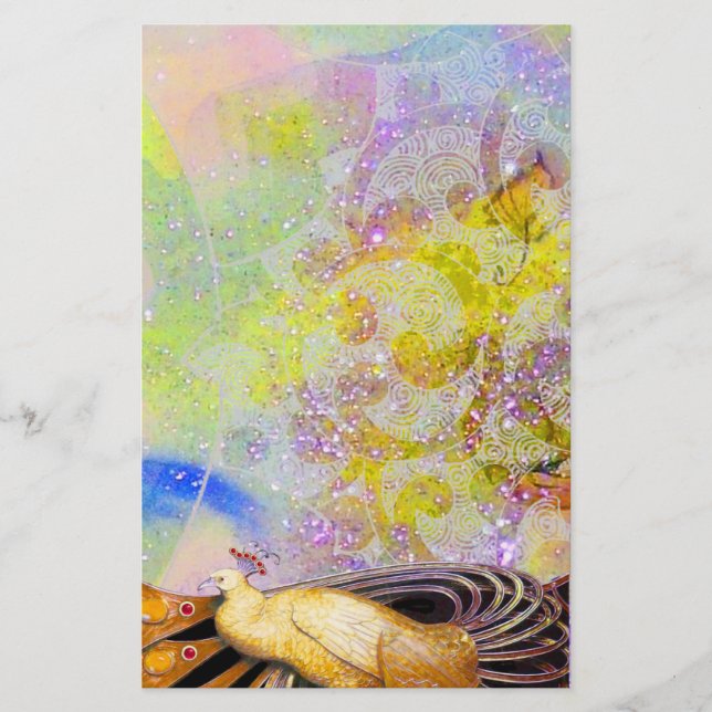 ELEGANT PEACOCK IN SPARKLING GULT LILA BREVPAPPER (Framsida)