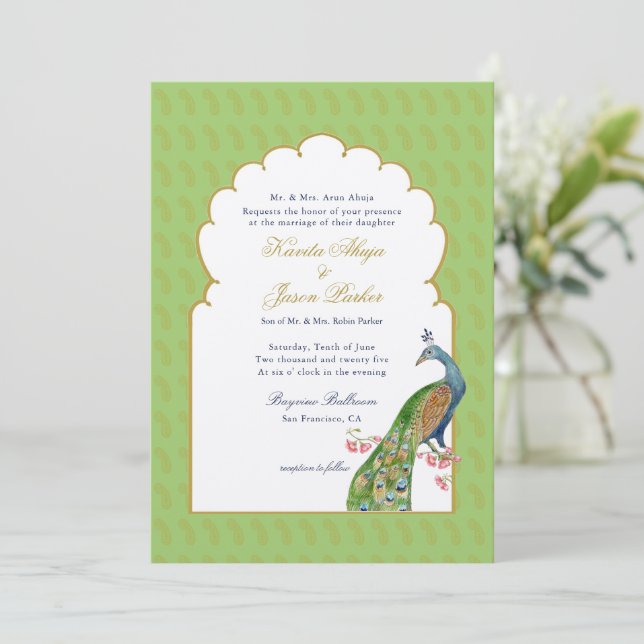 Elegant Peacock Indian bröllop Mint Grönt Inbjudningar (Stående Fram)