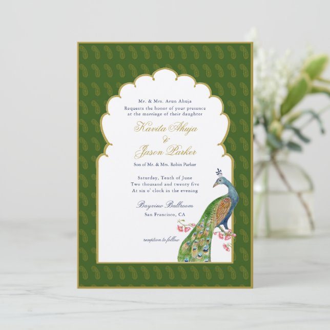 Elegant Peacock Indiska bröllop Mörk grönt Inbjudningar (Stående Fram)