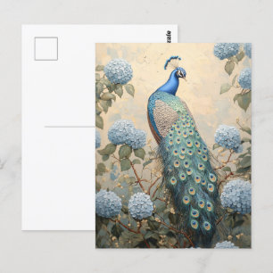 Elegant Peacock med Blue Hydrangeas Oljemålning Vykort