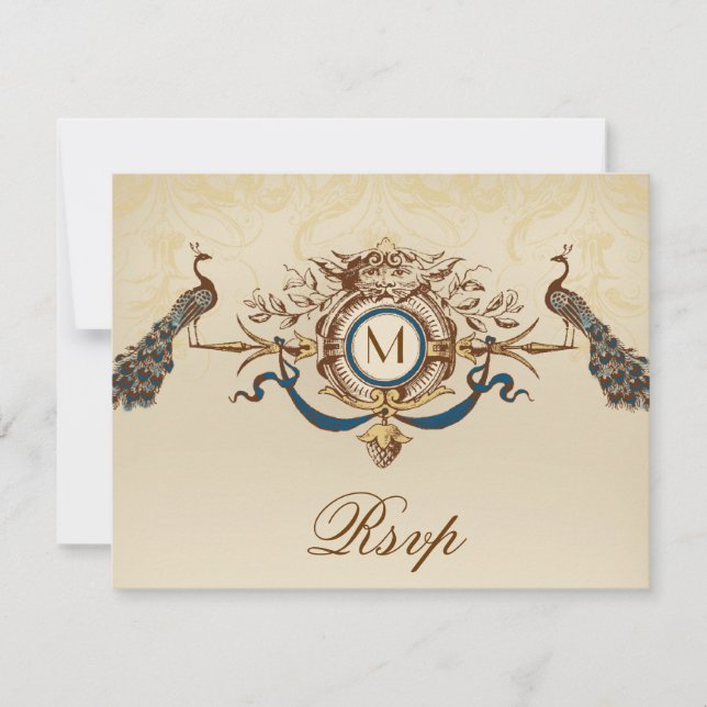 Elegant Peacock Monogram Vintage bröllop OSA kort (Framsida)