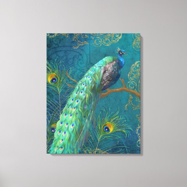 Elegant Peacock n Feathers on gren Painting Blue Canvastryck (Framsida)