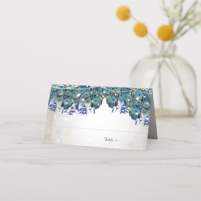 Elegant Peacock Navy Rustic Luxe Place Cards Placeringskort (Framsida)