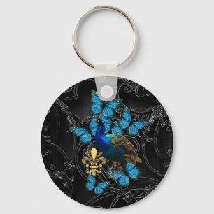 Elegant Peacock och blå fjärilar på svart Nyckelring