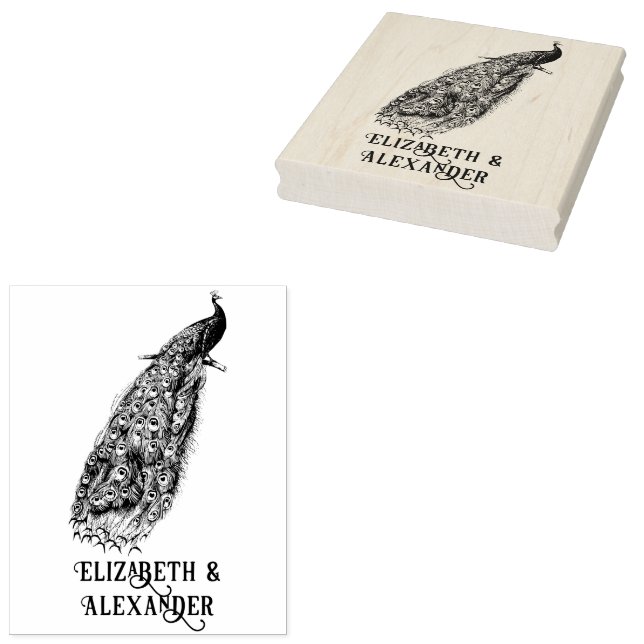 Elegant Peacock på Gren par Namn Stämpel (Stämplad)