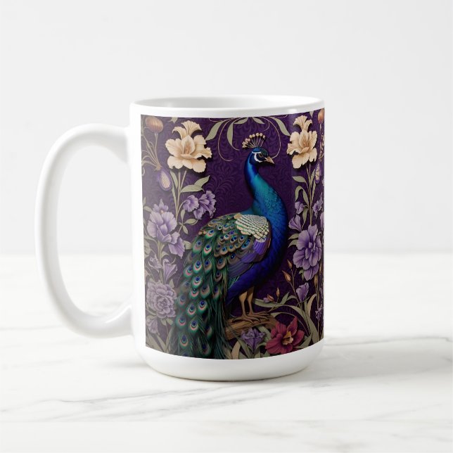 Elegant Peacock på Lila William Morris Inspired Kaffemugg (Vänster)
