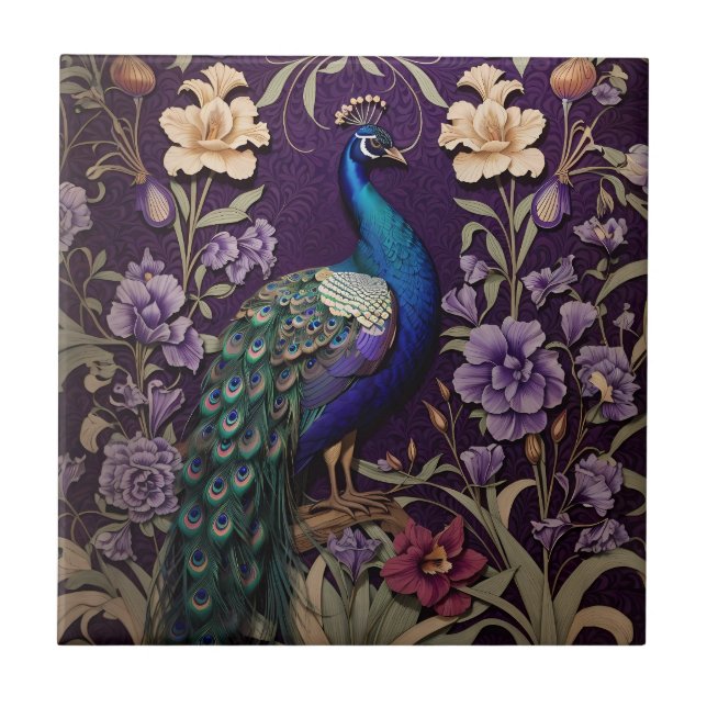 Elegant Peacock på Lila William Morris Inspired Kakelplatta (Framsidan)