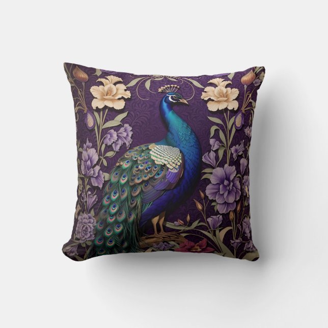 Elegant Peacock på Lila William Morris Inspired Kudde (Framsida)