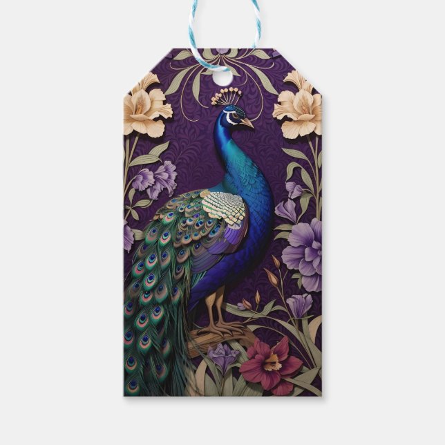 Elegant Peacock på Lila William Morris Inspired Presentetikett (Framsidan)