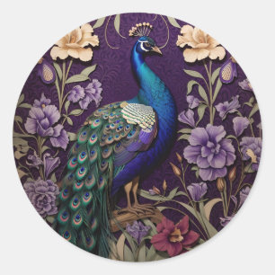 Elegant Peacock på Lila William Morris Inspired Runt Klistermärke