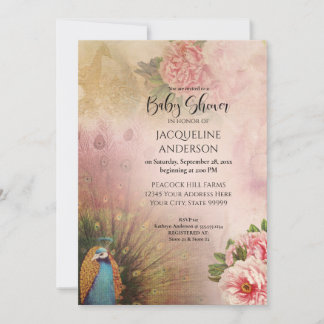 Elegant Peacock Peony Flowers Baby Shower Inbjudningar