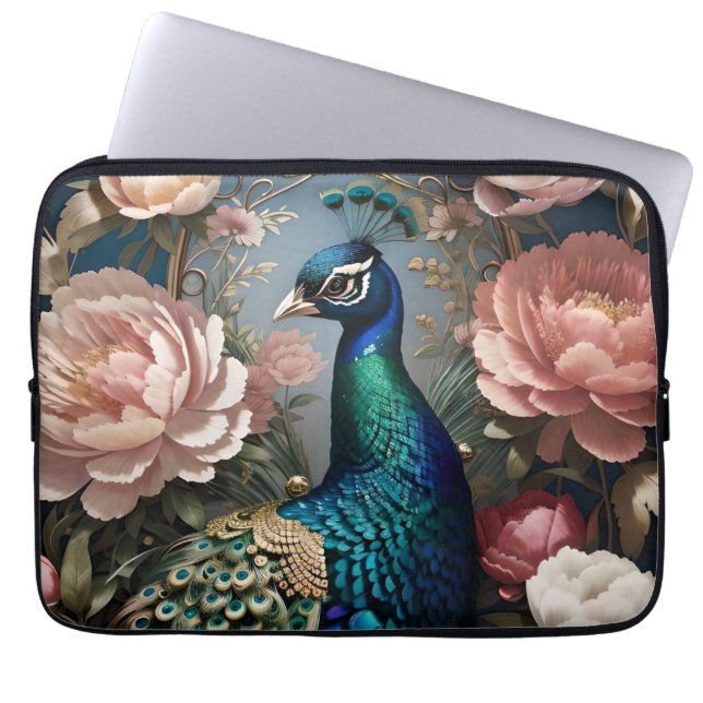 Elegant Peacock Rosa Peonies Laptop Fodral (Framsidan)
