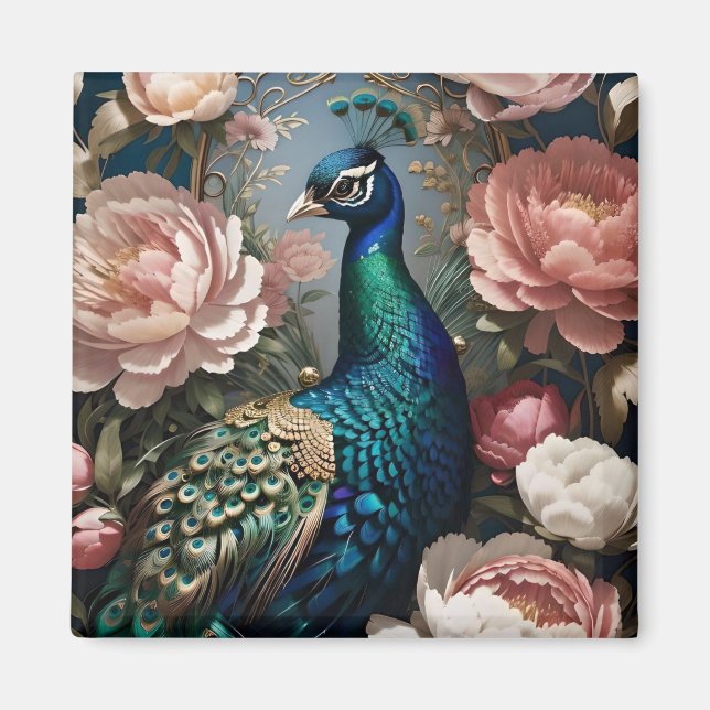 Elegant Peacock Rosa Peonies Magnet (Framsidan)