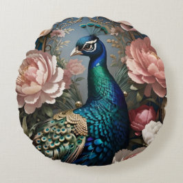 Elegant Peacock Rosa Peonies Rund Kudde