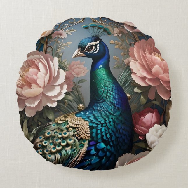 Elegant Peacock Rosa Peonies Rund Kudde (Framsidan)