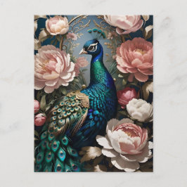 Elegant Peacock Rosa Peonies Vykort