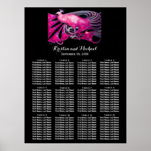 ELEGANT PEACOCK Svart sittdiagram Rosa Bröllop Poster