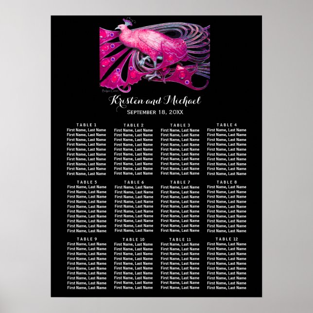 ELEGANT PEACOCK Svart sittdiagram Rosa Bröllop Poster (Framsidan)