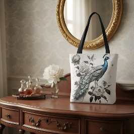 Elegant Peacock Tote Bag with Floral Illustration  Tygkasse