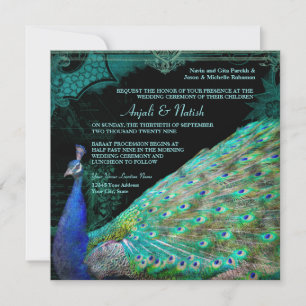 Elegant Peacock w Vintage Scrolls Indiska Bröllop Inbjudningar
