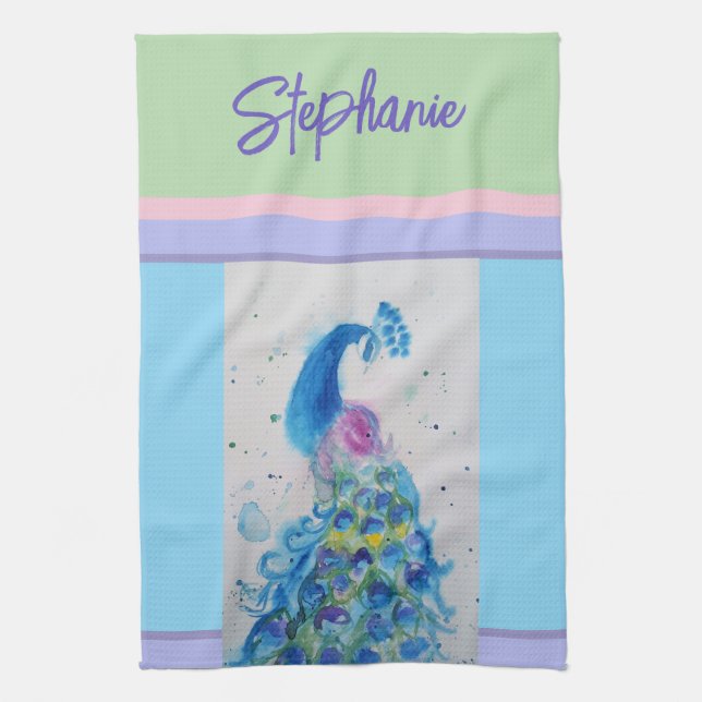Elegant Peacock Watercolor Womens Pastel Färg Kökshandduk (Vertikal)