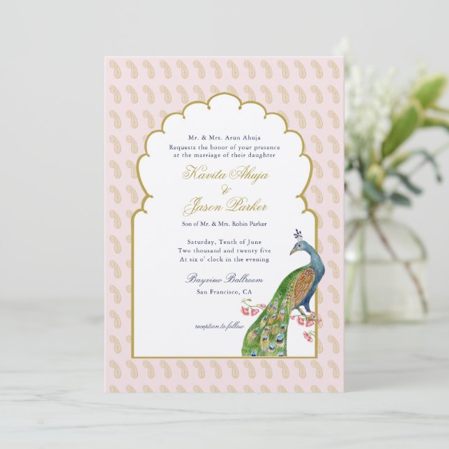 Elegant PeacockPink & Guld Indiska bröllop Inbjudningar (Stående Fram)