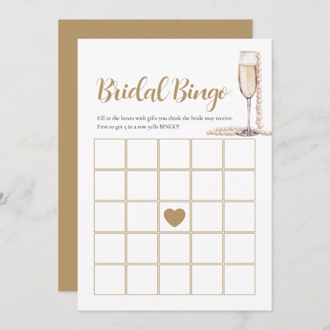 Elegant Pearals & Prosecco Möhippa Bingo Game Card Inbjudningar (Fram/baksida)