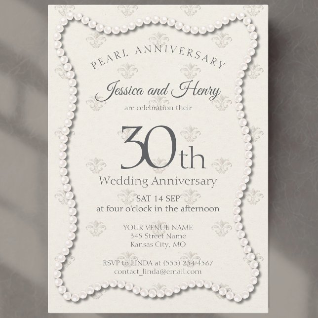 Elegant Pearl 30-års bröllopsdag damast Inbjudningar (Skapare uppladdad)