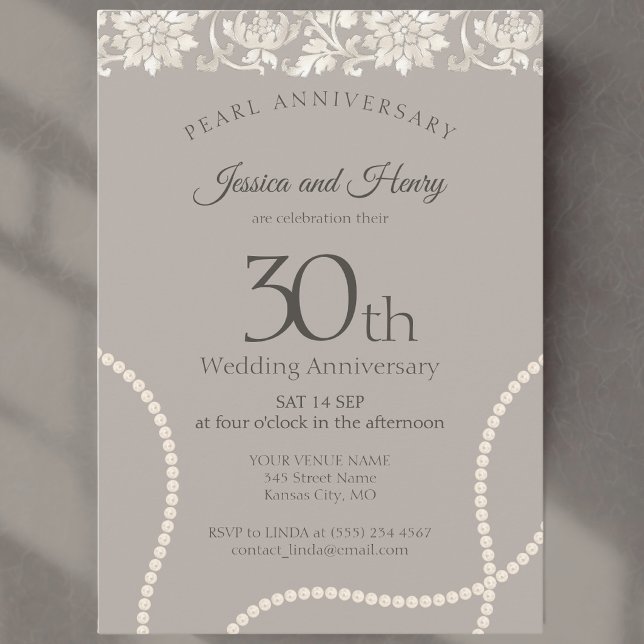 Elegant Pearl 30-års bröllopsdag taupe Inbjudningar (Skapare uppladdad)