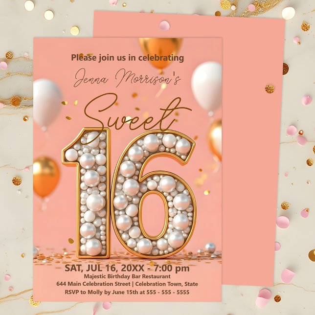 Elegant Pearl-Adorned med gyllene accents Sweet 16 Inbjudningar (Skapare uppladdad)