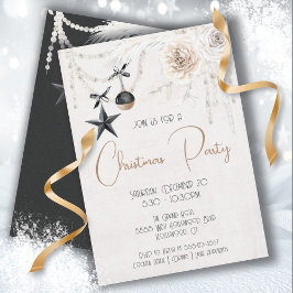 Elegant Pearl Blommigt Black & White jul Party Inbjudningar