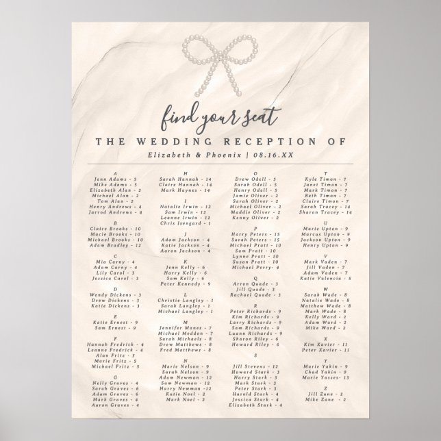 Elegant Pearl Bow Alphabetical Guest Seating Chart Poster (Framsidan)