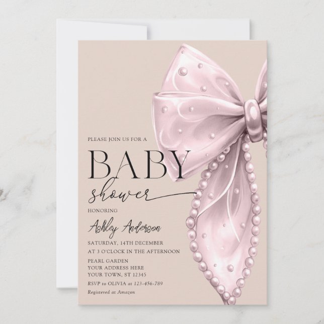 Elegant Pearl Bow Beige  babyskor Inbjudningar (Framsida)