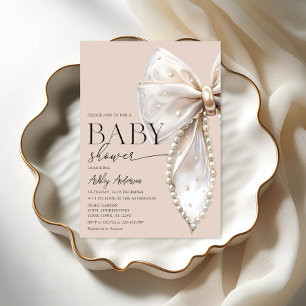 Elegant Pearl Bow Beige Neutralt Baby Shower Inbjudningar