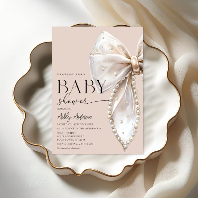 Elegant Pearl Bow Beige Neutralt Baby Shower Inbjudningar (Skapare uppladdad)